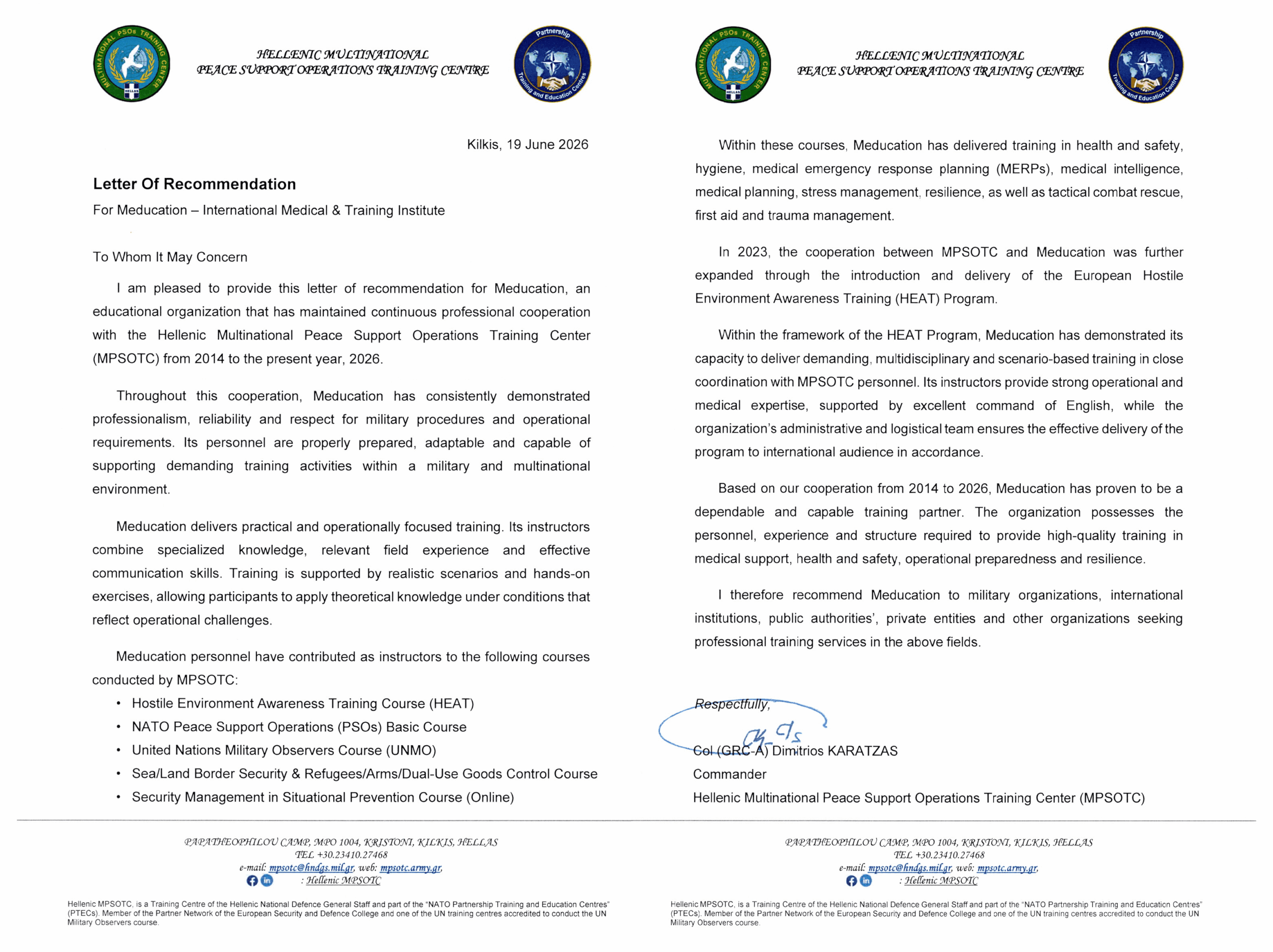 Meducation – Letter of Recommendation of Hellenic MPSOTC NATO UN EU OSCE Training Center HNDGS total